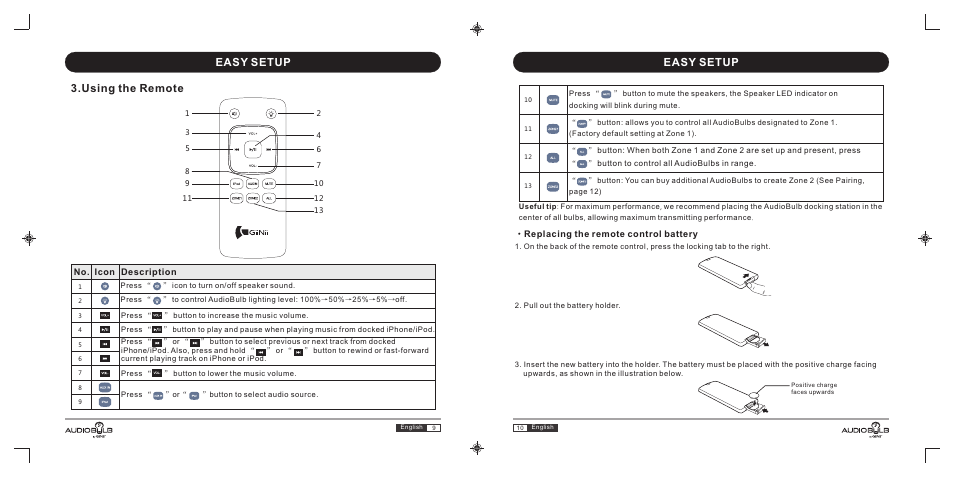 Using the remote, Easy setup | GiiNii AudioBulb AB-S10 User Manual | Page 6 / 27