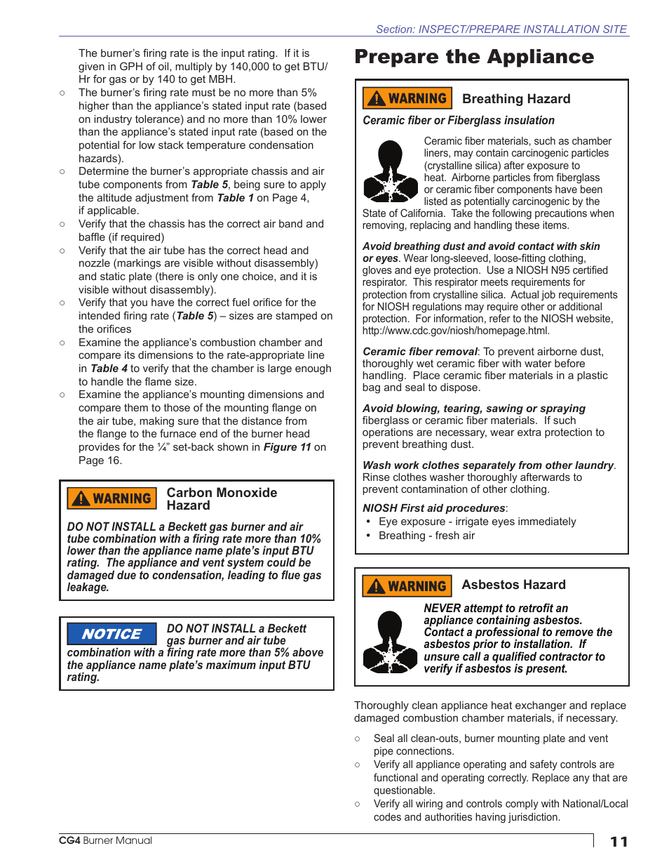 Prepare the appliance | Beckett CG4 User Manual | Page 11 / 28