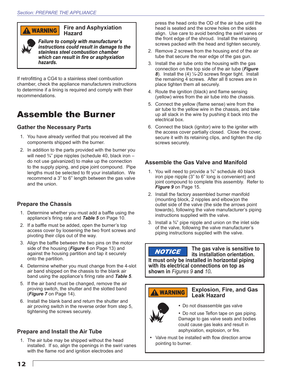 Assemble the burner, Gather the necessary parts, Prepare the chassis | Prepare and install the air tube, Assemble the gas valve and manifold | Beckett CG4 User Manual | Page 12 / 28