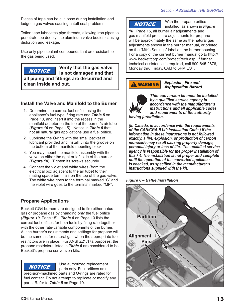 Install the valve and manifold to the burner, Propane applications | Beckett CG4 User Manual | Page 13 / 28