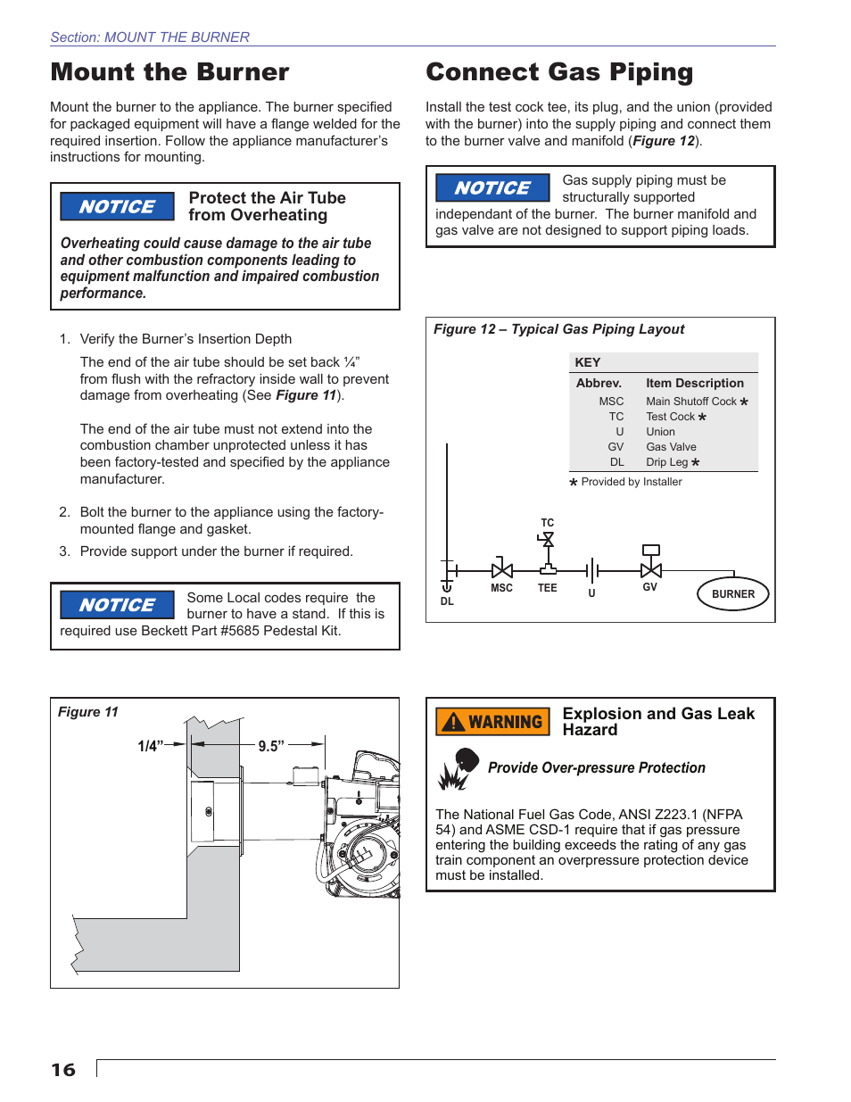 Mount the burner, Connect gas piping | Beckett CG4 User Manual | Page 16 / 28