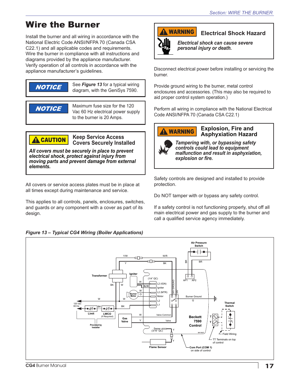 Wire the burner, Keep service access covers securely installed, Electrical shock hazard | Explosion, fire and asphyxiation hazard | Beckett CG4 User Manual | Page 17 / 28