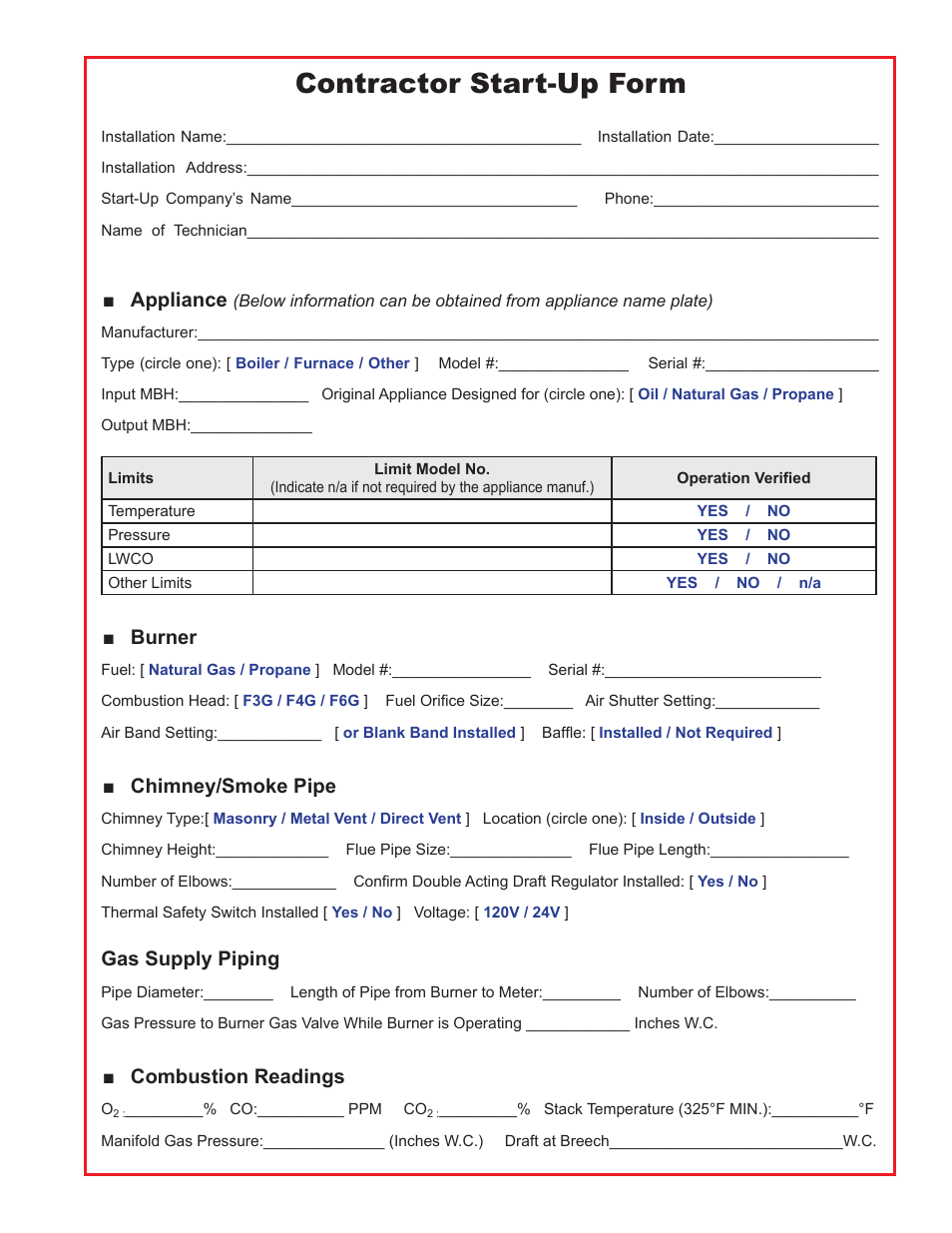 Contractor start-up form, Appliance, Burner | Chimney/smoke pipe, Gas supply piping, Combustion readings | Beckett CG4 User Manual | Page 27 / 28