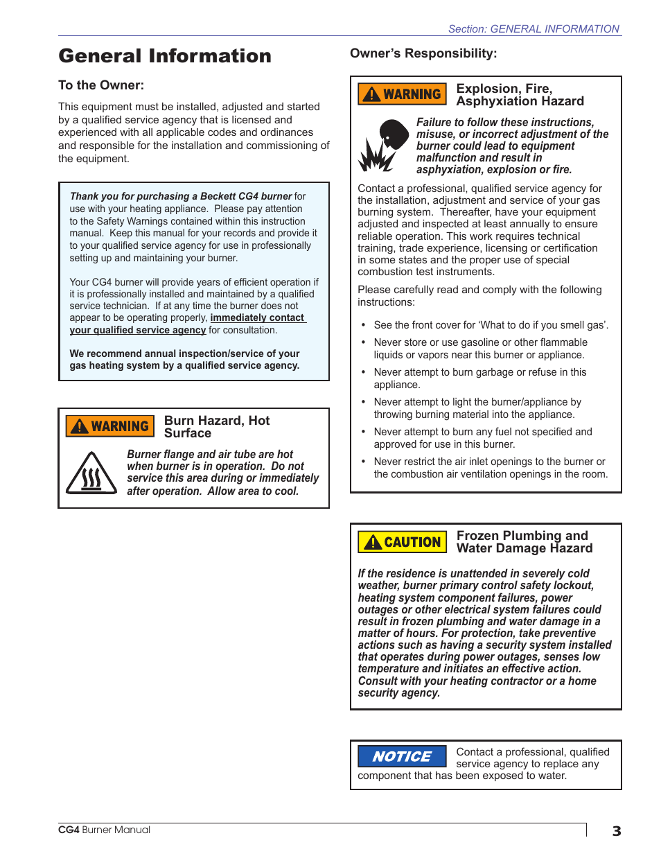 General information, To the owner, Owner’s responsibility | Beckett CG4 User Manual | Page 3 / 28