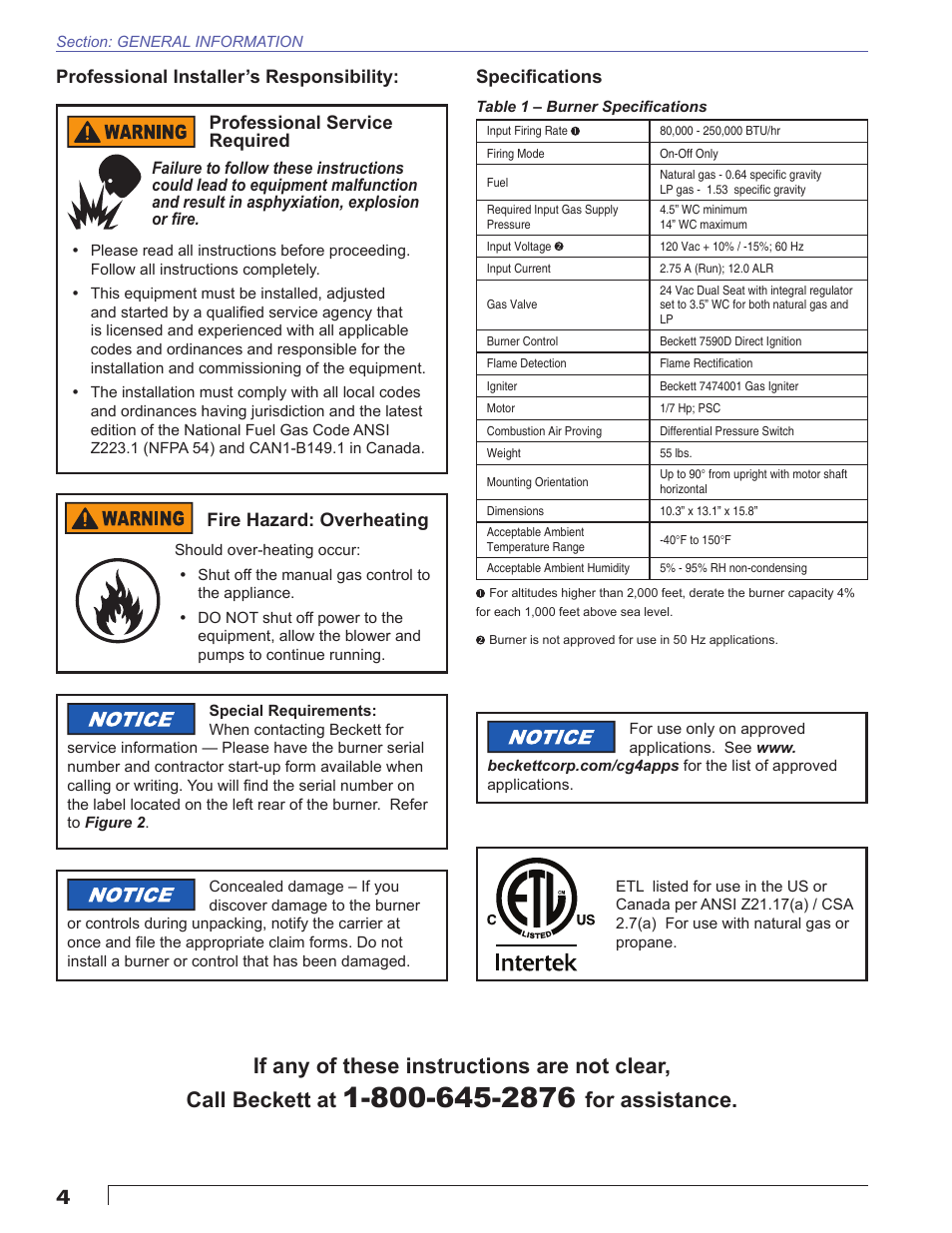 Professional installer’s responsibility, Specifications, For assistance | Fire hazard: overheating | Beckett CG4 User Manual | Page 4 / 28