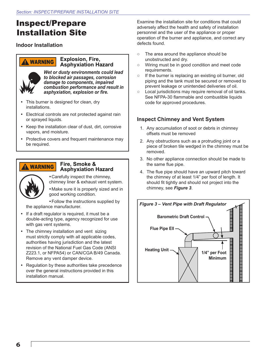 Inspect/prepare installation site, Indoor installation, Inspect chimney and vent system | Beckett CG4 User Manual | Page 6 / 28