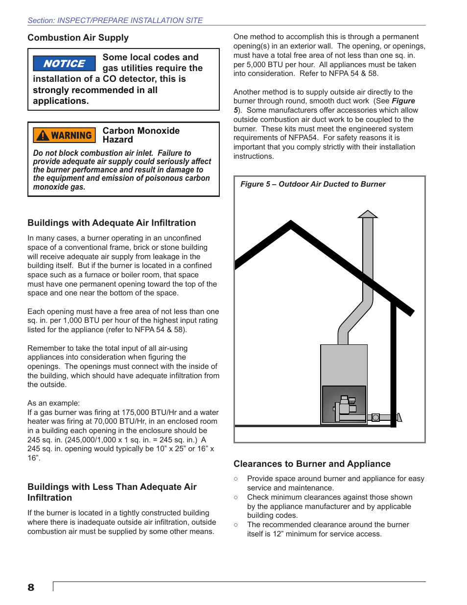 Combustion air supply, Buildings with adequate air infiltration, Buildings with less than adequate air infiltration | Clearances to burner and appliance | Beckett CG4 User Manual | Page 8 / 28