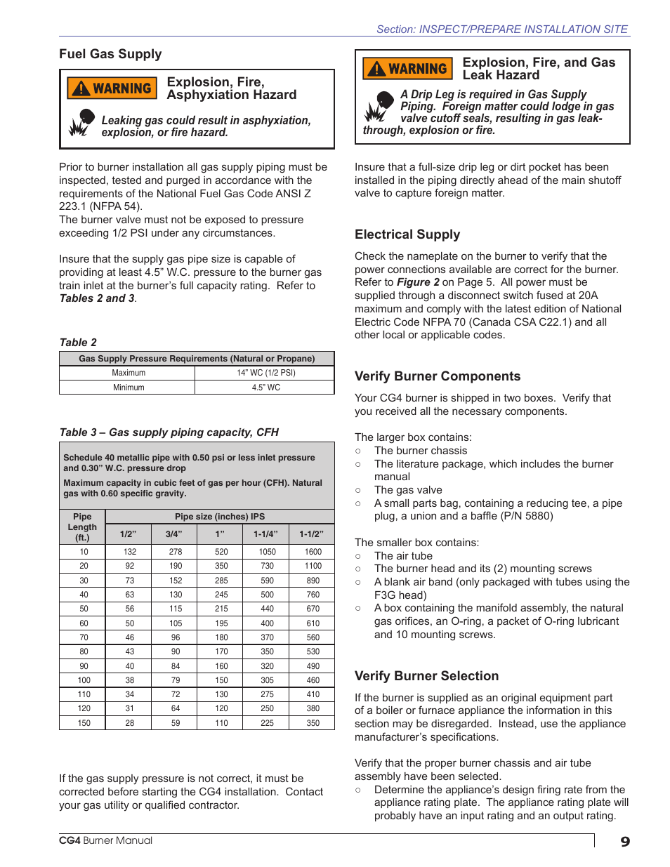 Fuel gas supply, Electrical supply, Verify burner components | Verify burner selection, Explosion, fire, and gas leak hazard | Beckett CG4 User Manual | Page 9 / 28