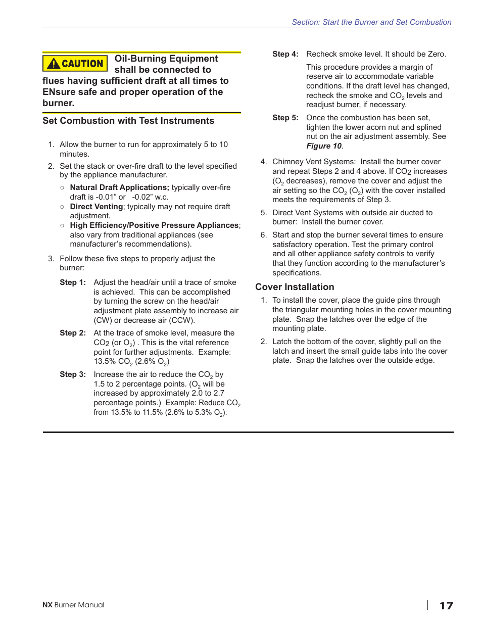 Set combustion with test instruments, Cover installation | Beckett NX User Manual | Page 17 / 24