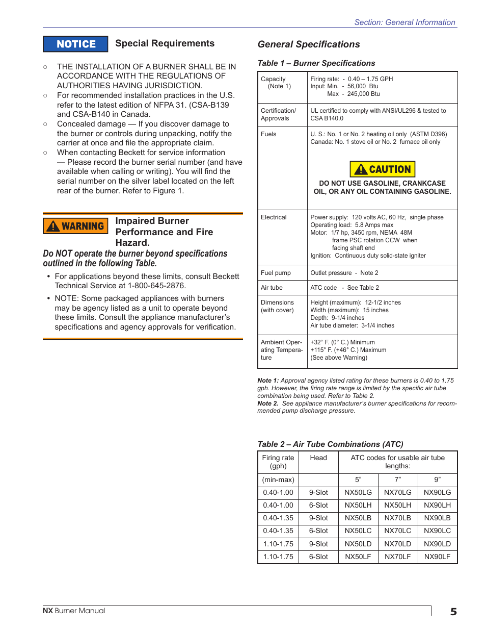 Special requirements, General specifi cations | Beckett NX User Manual | Page 5 / 24