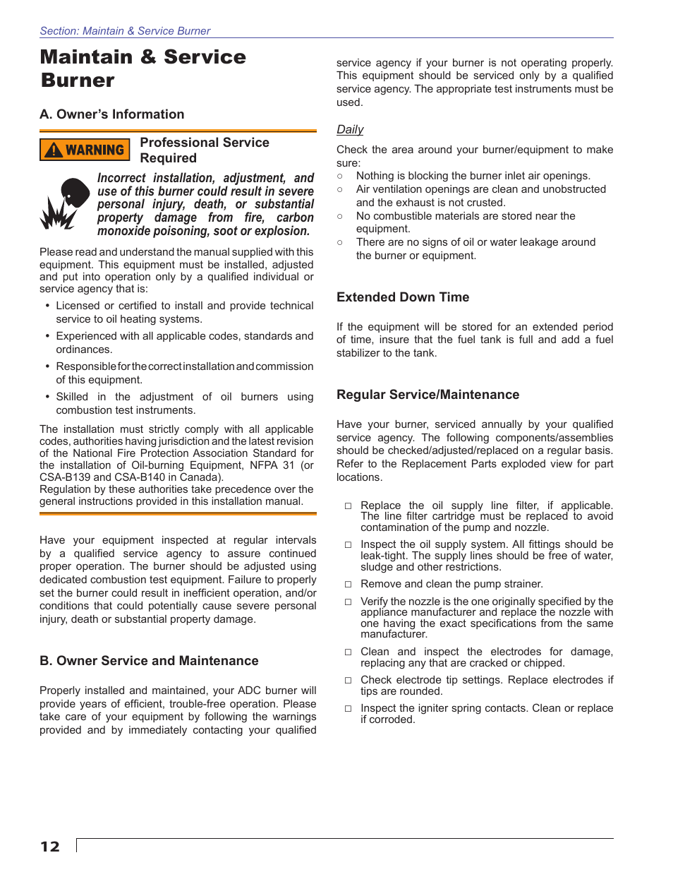 Maintain & service burner | Beckett ADC 12Vdc User Manual | Page 12 / 16