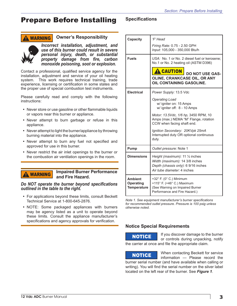 Prepare before installing | Beckett ADC 12Vdc User Manual | Page 3 / 16