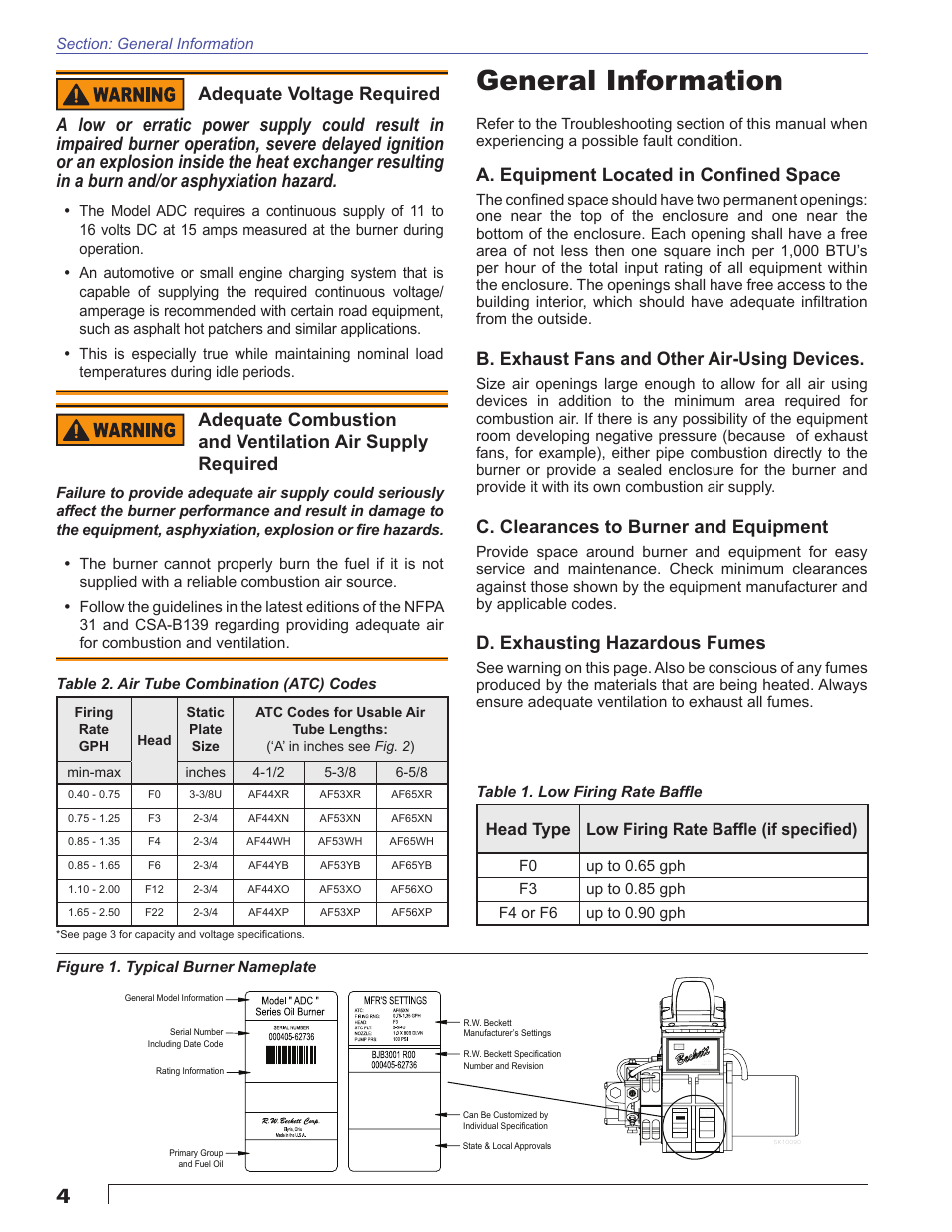 General information, A. equipment located in confi ned space, B. exhaust fans and other air-using devices | C. clearances to burner and equipment, D. exhausting hazardous fumes, Head type low firing rate baffl e (if specifi ed) | Beckett ADC 12Vdc User Manual | Page 4 / 16