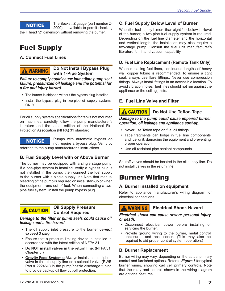 Fuel supply, Burner wiring | Beckett ADC 12Vdc User Manual | Page 7 / 16