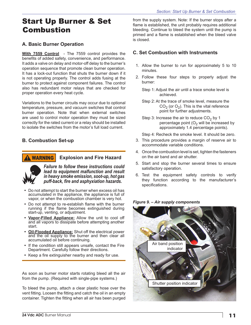Start up burner & set combustion | Beckett ADC 24Vdc User Manual | Page 11 / 16