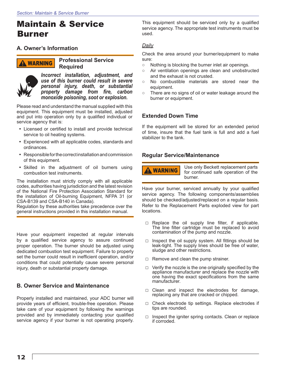 Maintain & service burner | Beckett ADC 24Vdc User Manual | Page 12 / 16