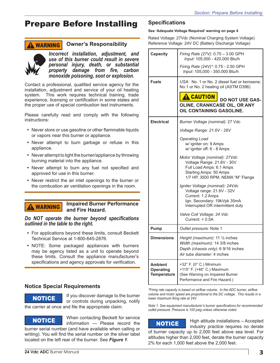 Prepare before installing | Beckett ADC 24Vdc User Manual | Page 3 / 16