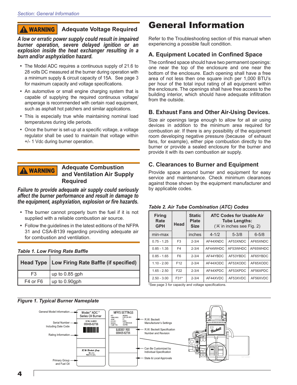 General information, A. equipment located in confi ned space, B. exhaust fans and other air-using devices | C. clearances to burner and equipment, Head type low firing rate baffl e (if specifi ed) | Beckett ADC 24Vdc User Manual | Page 4 / 16