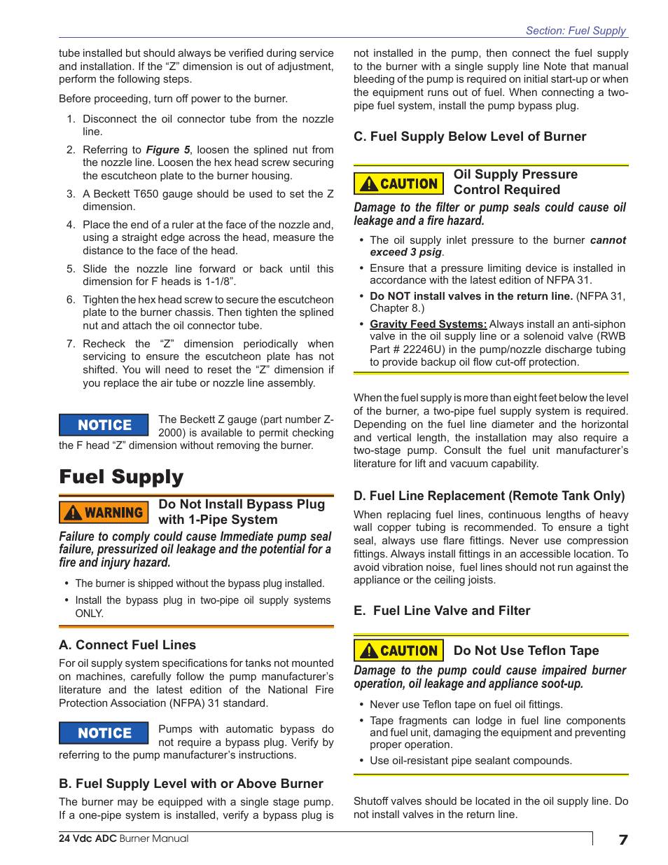 Fuel supply | Beckett ADC 24Vdc User Manual | Page 7 / 16