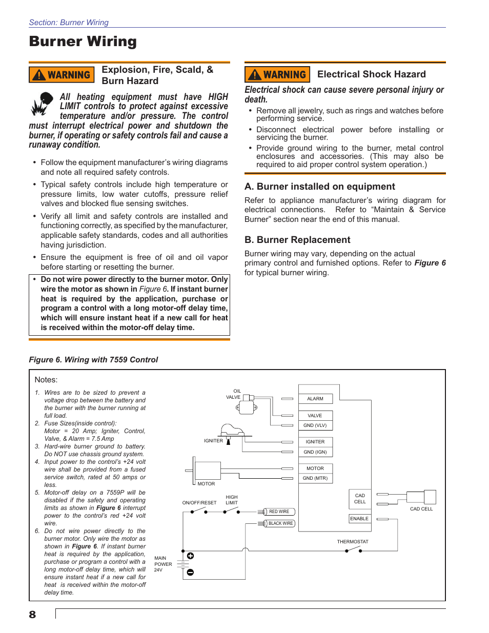 Burner wiring, A. burner installed on equipment, B. burner replacement | Beckett ADC 24Vdc User Manual | Page 8 / 16