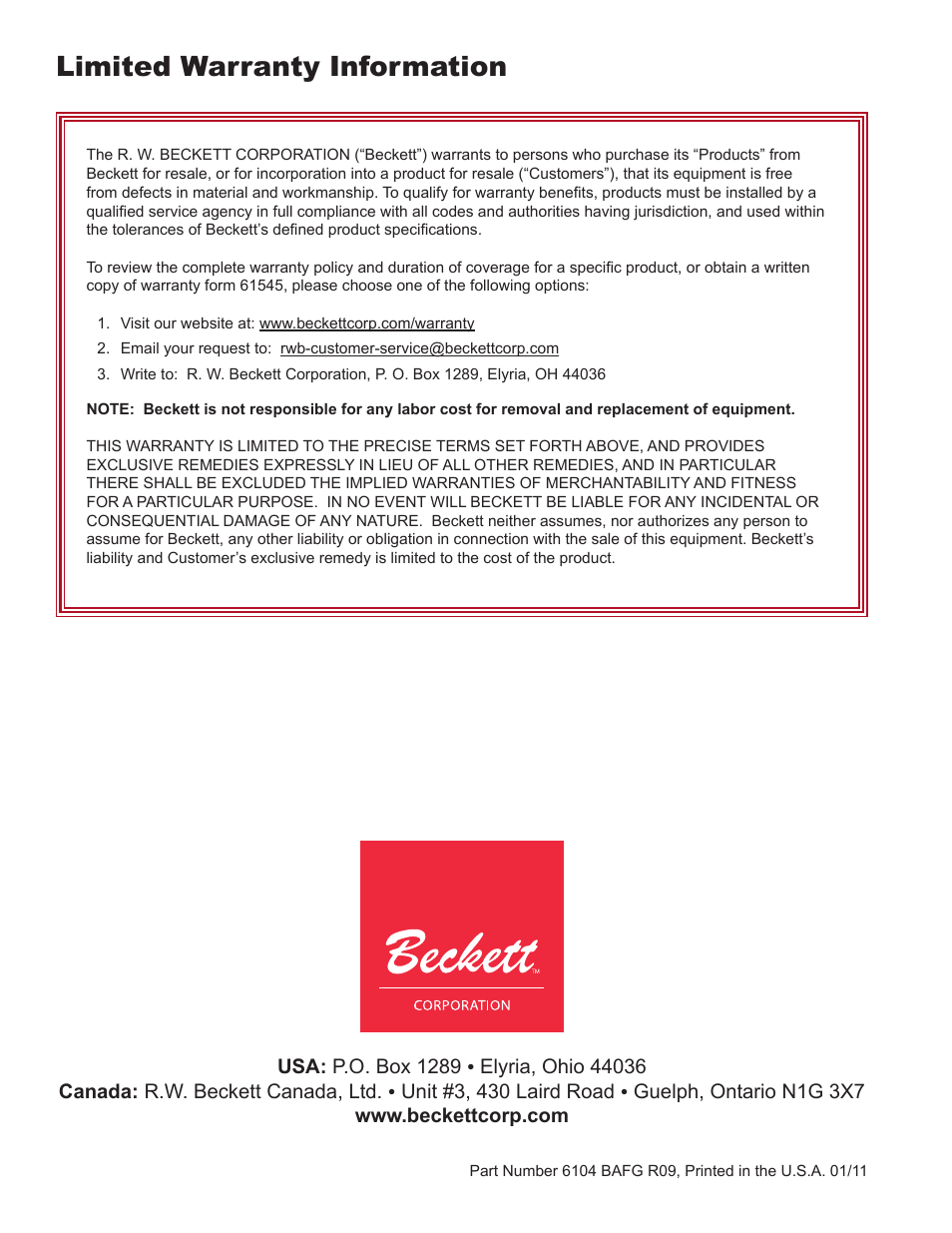Limited warranty information | Beckett AFG User Manual | Page 24 / 24