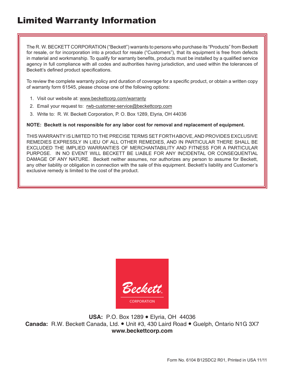 Limited warranty information | Beckett SDC 12V User Manual | Page 16 / 16