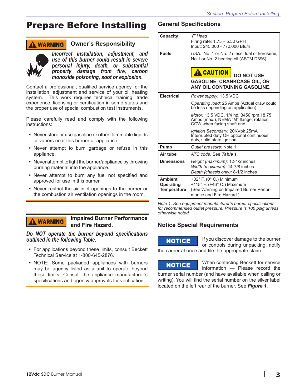 Prepare before installing | Beckett SDC 12V User Manual | Page 3 / 16