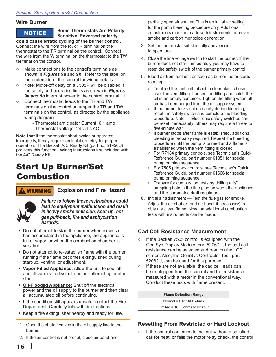 Start up burner/set combustion | Beckett SM User Manual | Page 16 / 20