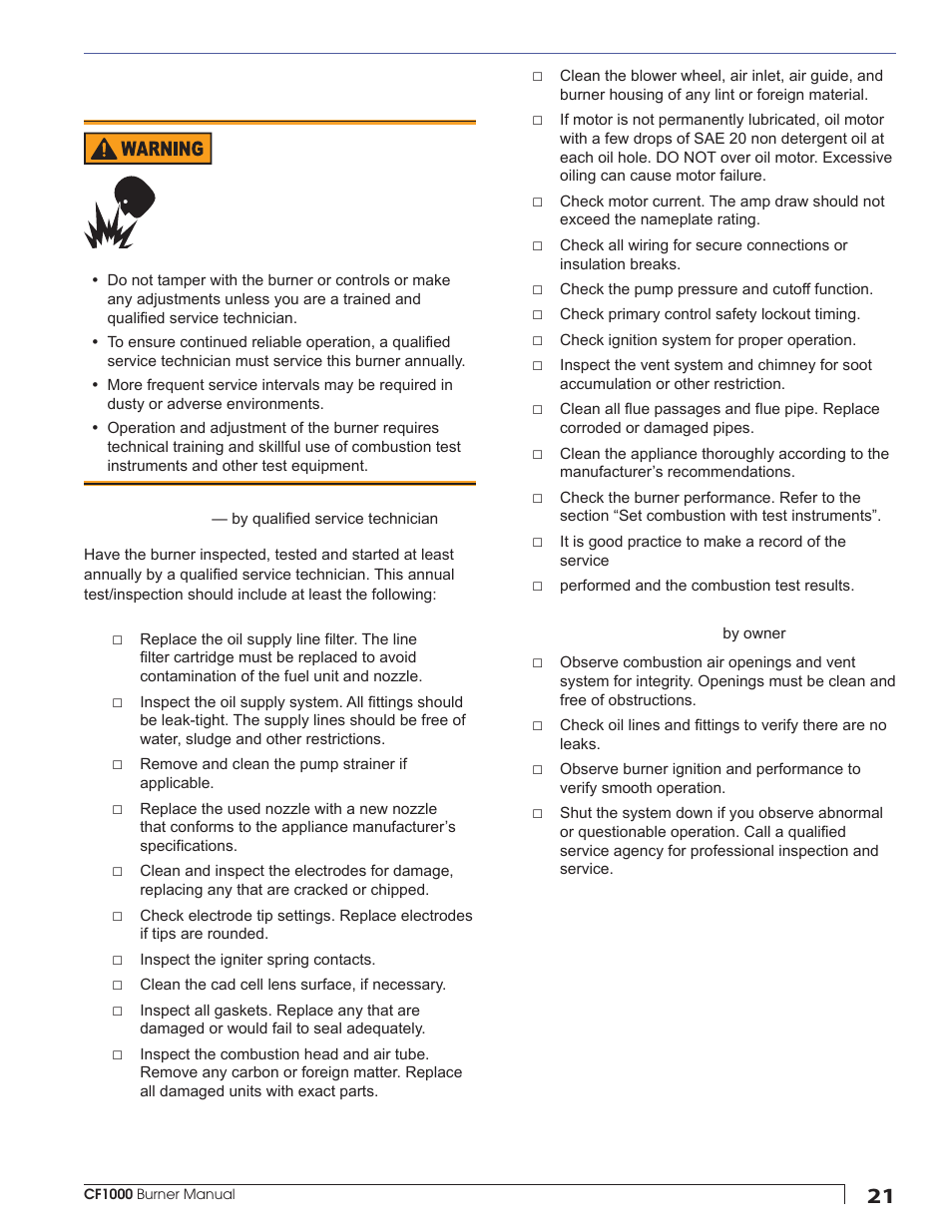 Maintenance and service, Annual professional service required | Beckett CF1000 User Manual | Page 21 / 24