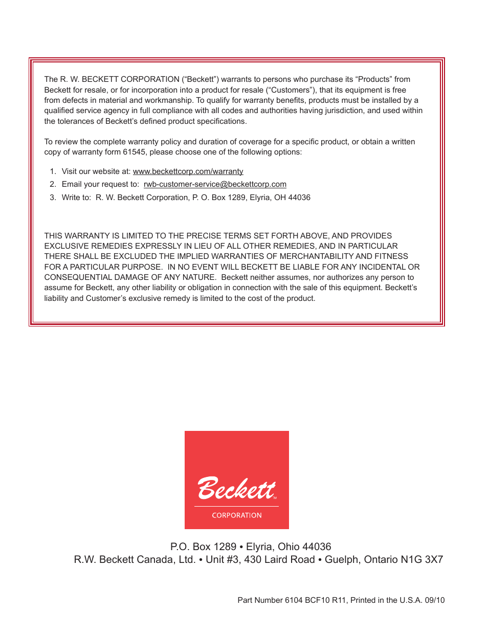 Limited warranty information | Beckett CF1000 User Manual | Page 24 / 24
