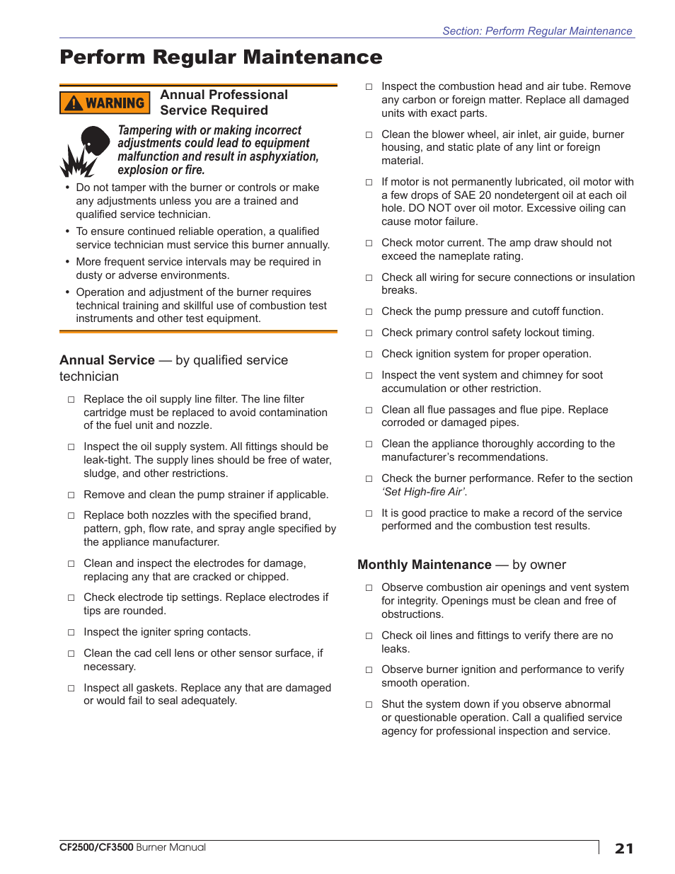 Perform regular maintenance | Beckett CF3500A User Manual | Page 21 / 24