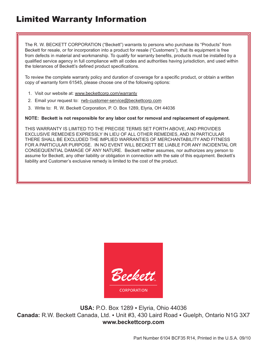 Limited warranty information | Beckett CF3500A User Manual | Page 24 / 24