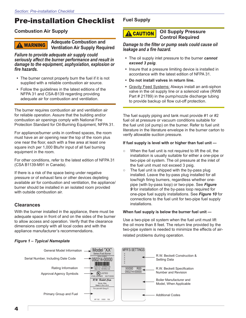 Pre-installation checklist, Combustion air supply fuel supply, Clearances | Model “xx | Beckett CF3500A User Manual | Page 4 / 24