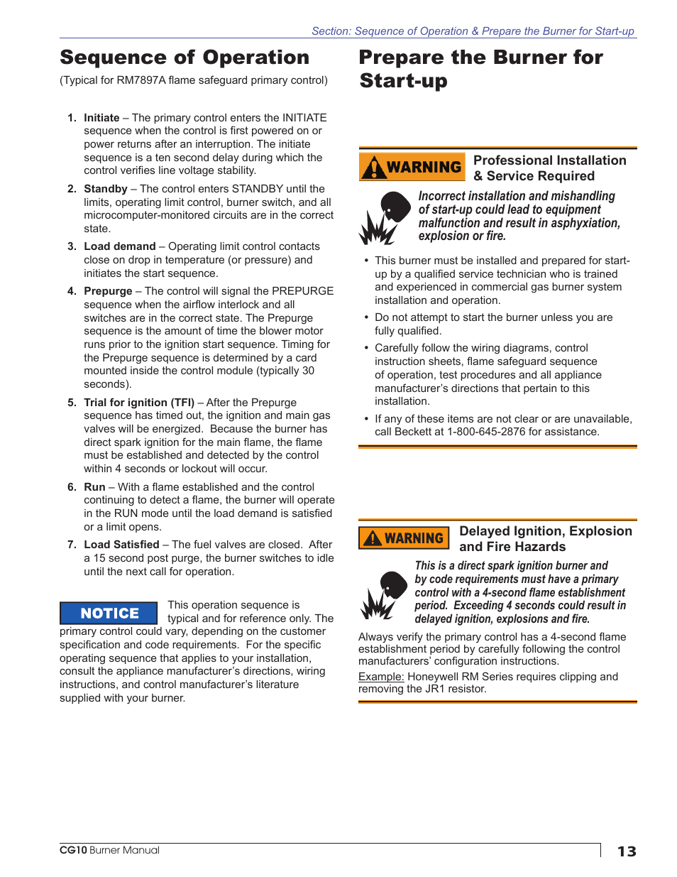 Sequence of operation, Prepare the burner for start-up | Beckett CG10 User Manual | Page 13 / 32