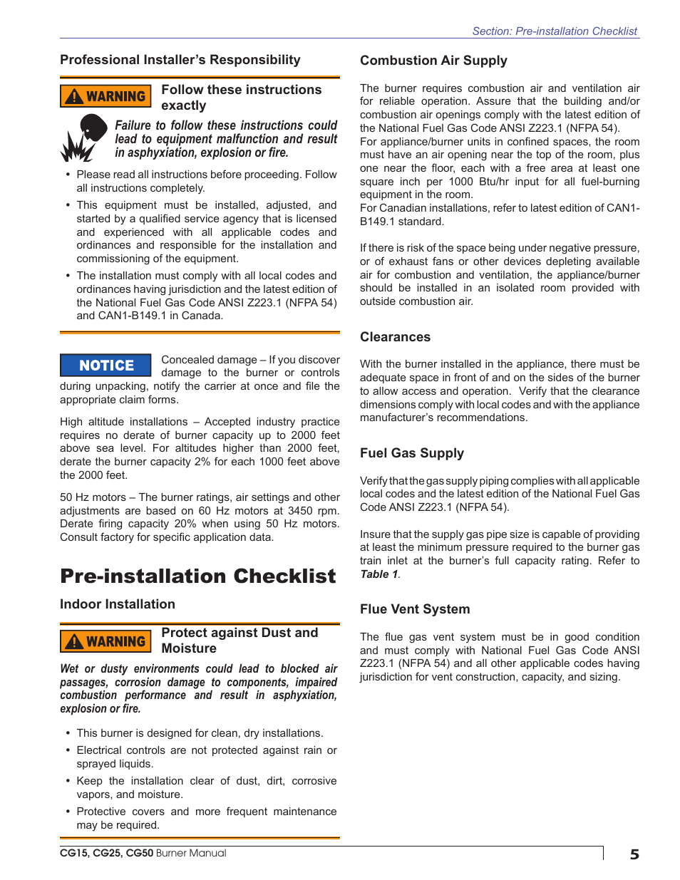 Pre-installation checklist | Beckett CG50 User Manual | Page 5 / 36