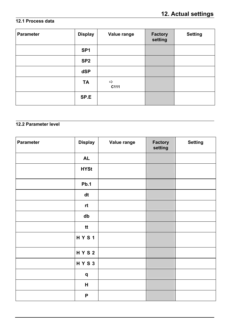 Actual settings, Ta ö, Sp.e | Hyst, Pb.1, H y s 1, H y s 2, H y s 3 | Beckett RWF40 Manual User Manual | Page 56 / 57