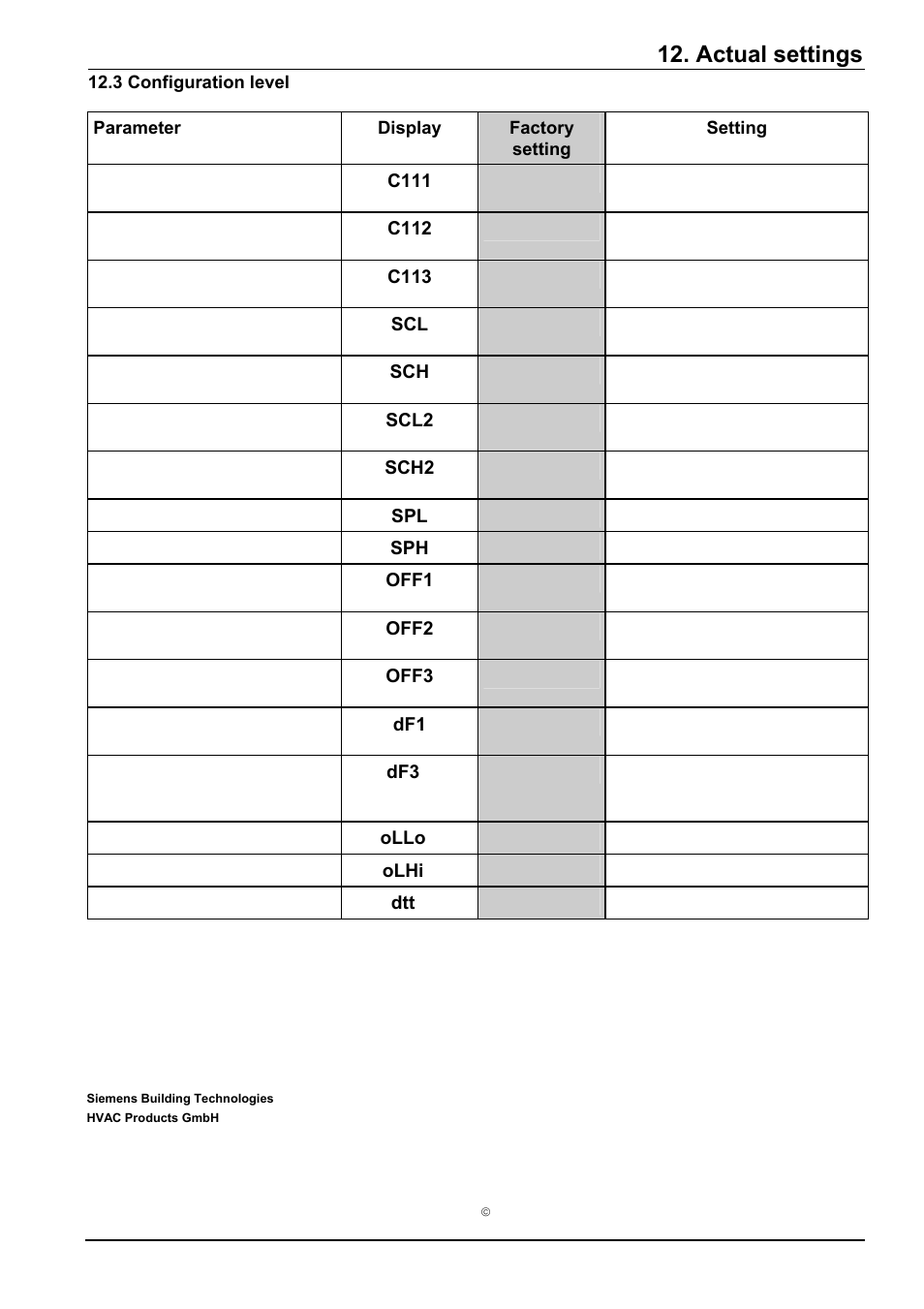 Actual settings, C111, C112 | C113, Scl2, Sch2, Off1, Off2, Off3, Ollo | Beckett RWF40 Manual User Manual | Page 57 / 57