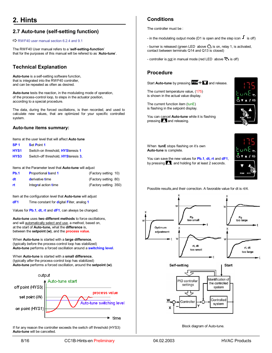 Hints, 7 auto-tune (self-setting function), Technical explanation | Conditions, Procedure | Beckett RWF40 Hints Manual User Manual | Page 10 / 15