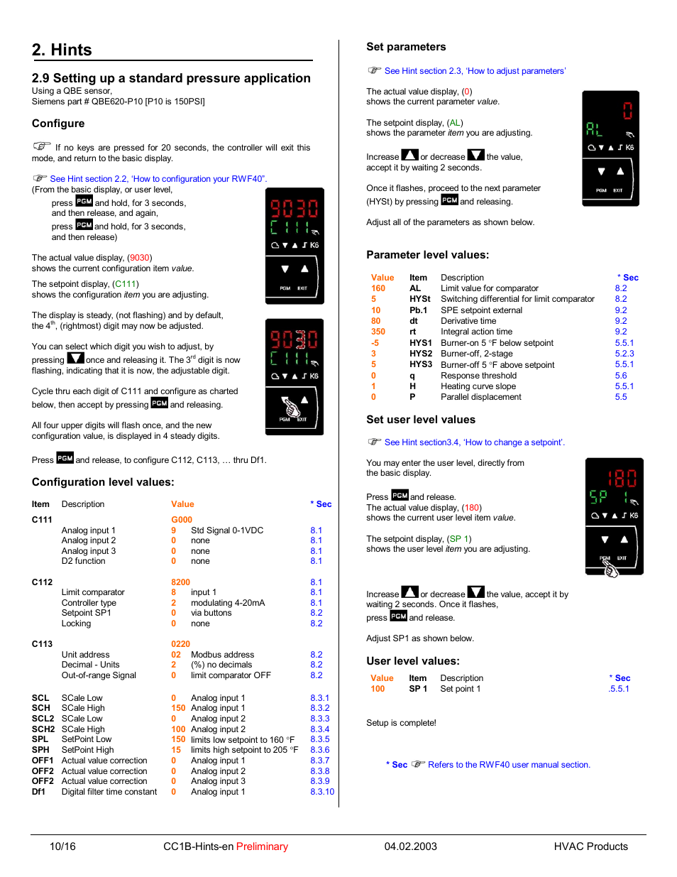 Hints, 9 setting up a standard pressure application | Beckett RWF40 Hints Manual User Manual | Page 12 / 15