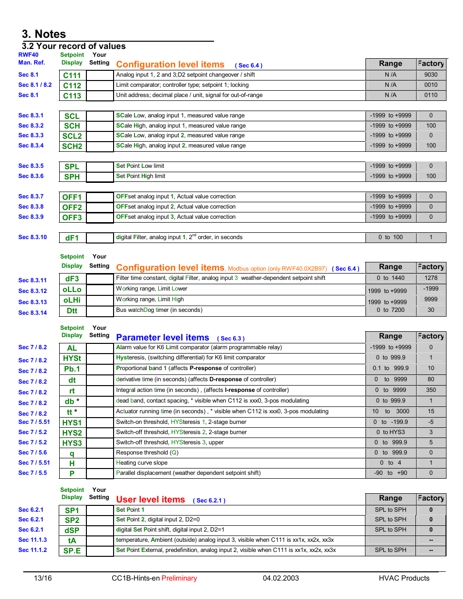 Configuration level items, Parameter level items, User level items | 2 your record of values | Beckett RWF40 Hints Manual User Manual | Page 14 / 15