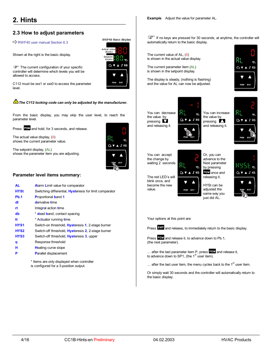 Hints, 3 how to adjust parameters | Beckett RWF40 Hints Manual User Manual | Page 6 / 15