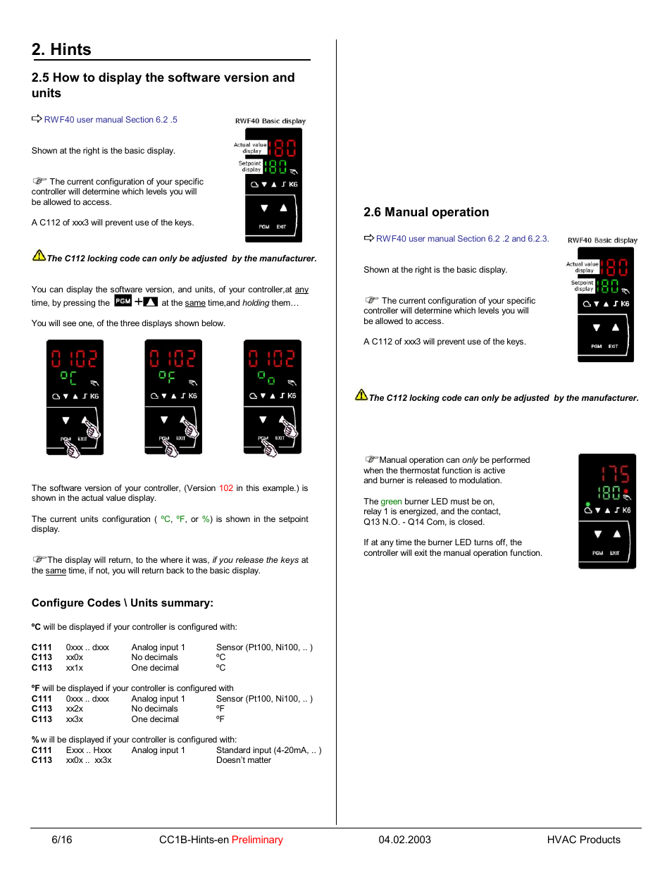 Hints, 5 how to display the software version and units, 6 manual operation | Beckett RWF40 Hints Manual User Manual | Page 8 / 15