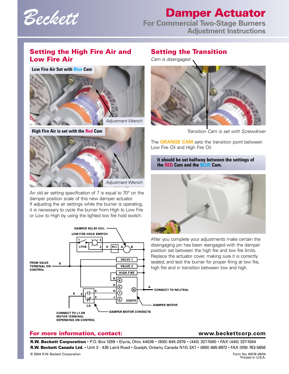Damper actuator, For commercial two-stage burners, Adjustment instructions | Setting the high fire air and low fire air, Setting the transition | Beckett Damper Actuator User Manual | Page 2 / 2