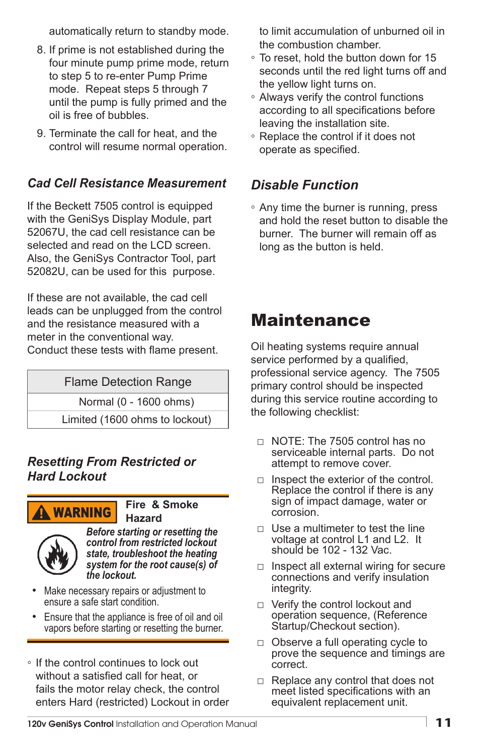 Maintenance, Disable function | Beckett 7505 User Manual | Page 11 / 12