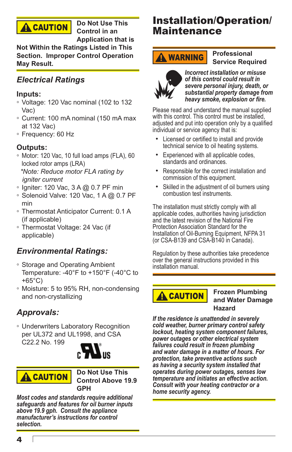 Installation/operation/ maintenance, 4electrical ratings, Environmental ratings | Approvals | Beckett 7505 User Manual | Page 4 / 12