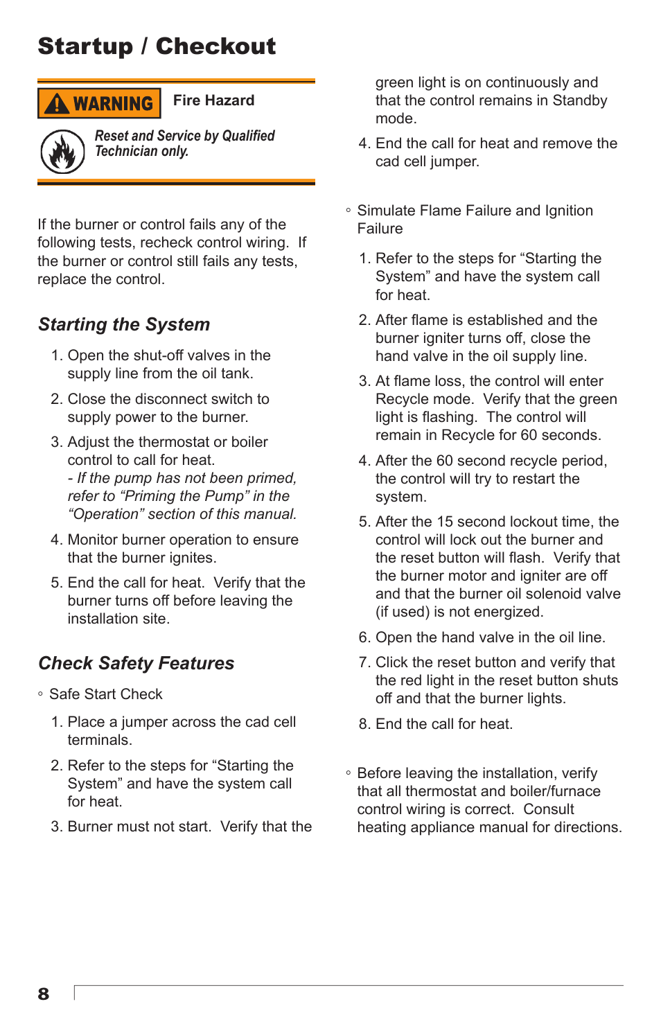 Startup / checkout, Starting the system, Check safety features | Beckett 7505 User Manual | Page 8 / 12