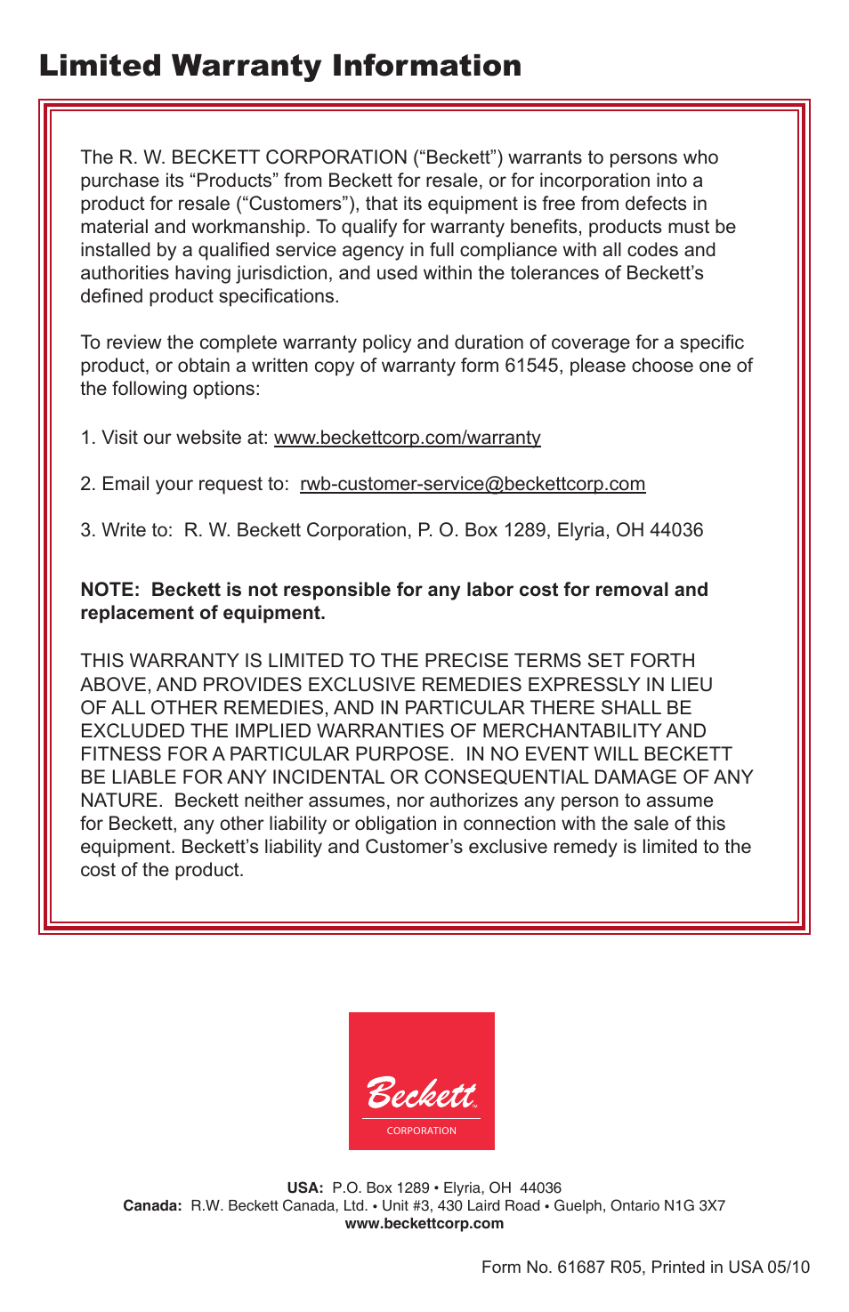Limited warranty information | Beckett 61687 GeniSys Display and Contractor Tool User Manual | Page 12 / 12
