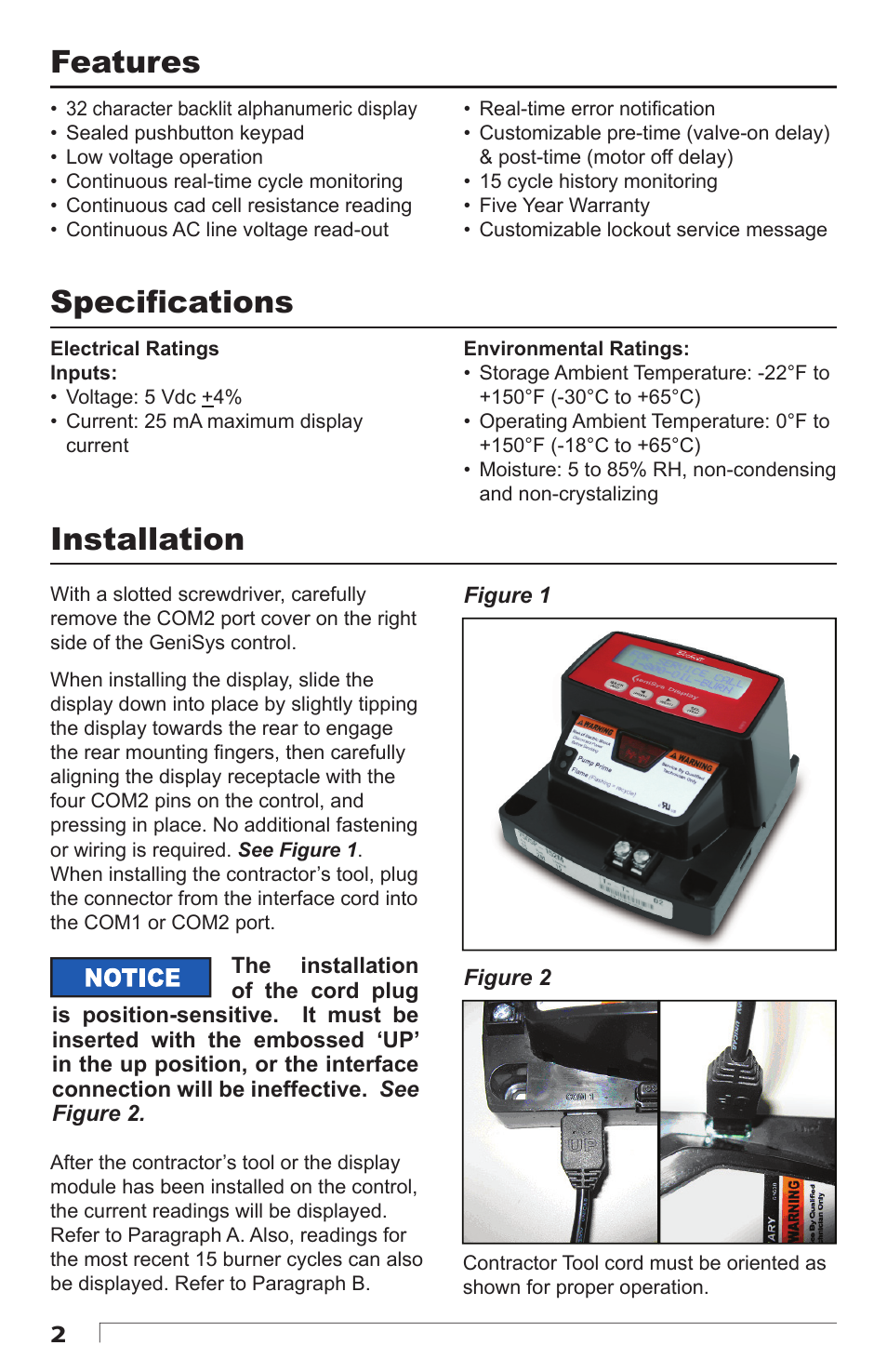 Installation, Features, Specifi cations | Beckett 61687 GeniSys Display and Contractor Tool User Manual | Page 2 / 12