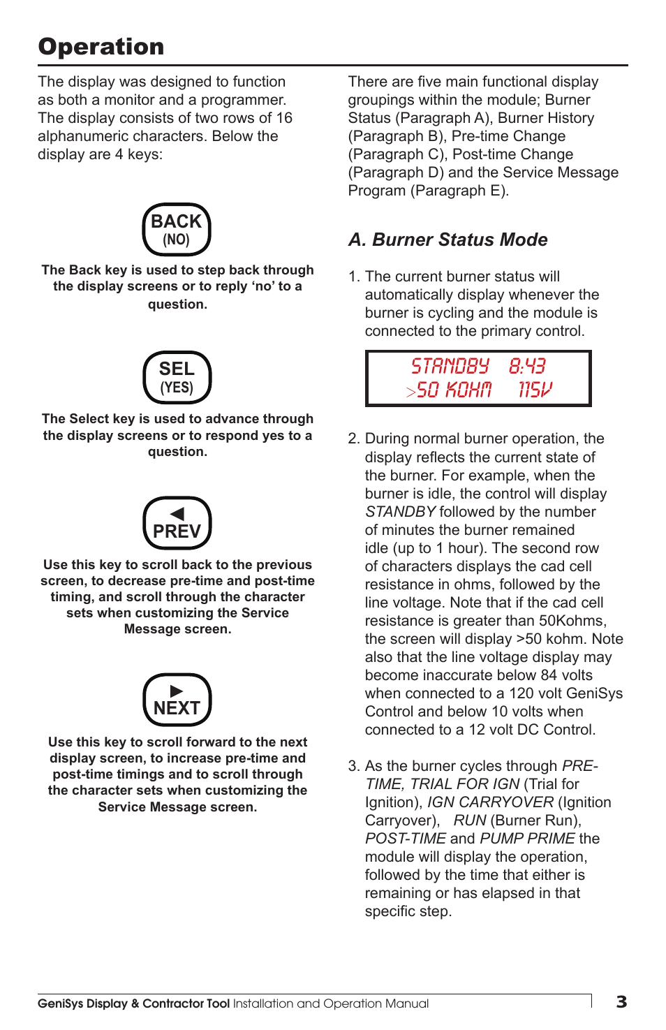 Operation, A. burner status mode, Back | Prev ► next | Beckett 61687 GeniSys Display and Contractor Tool User Manual | Page 3 / 12