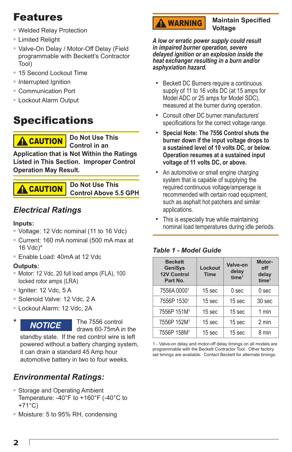 Features, Specifi cations, Caution | Warning, Electrical ratings, Notice, Environmental ratings | Beckett 7556 12V GeniSys Control User Manual | Page 2 / 8